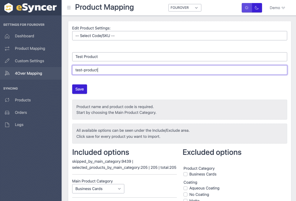 4over Product mapping