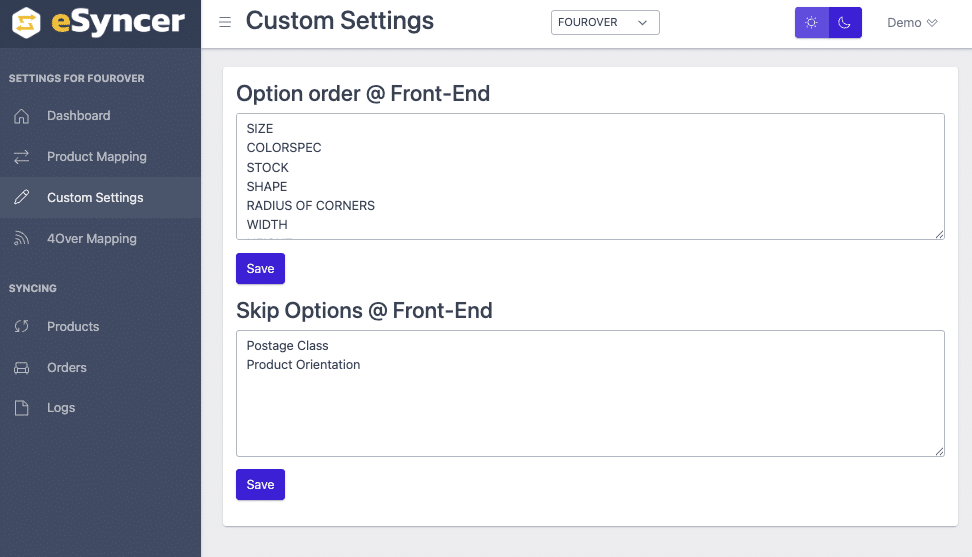 eSyncer Custom Settings