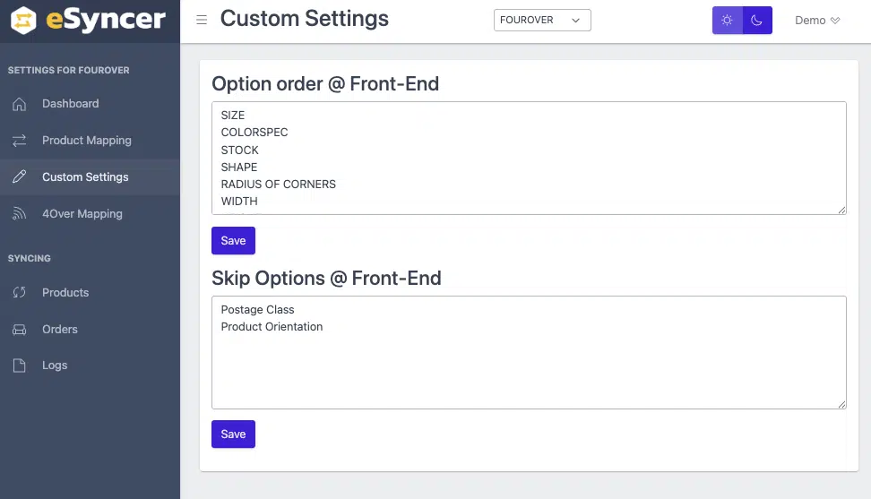 eSyncer Custom Settings