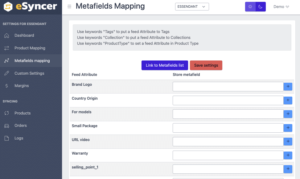 Shopify Metafield Mapping