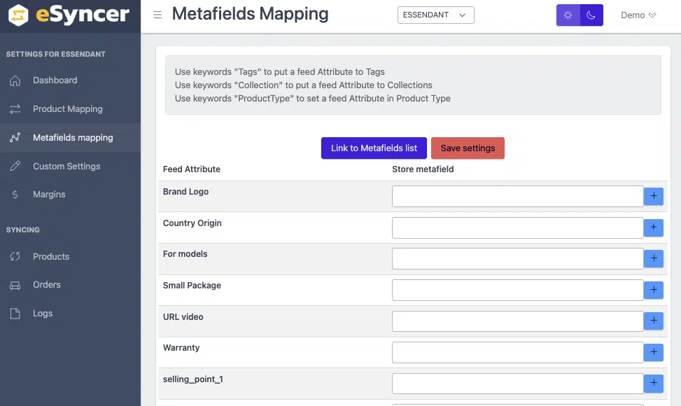 Shopify Metafield Mapping